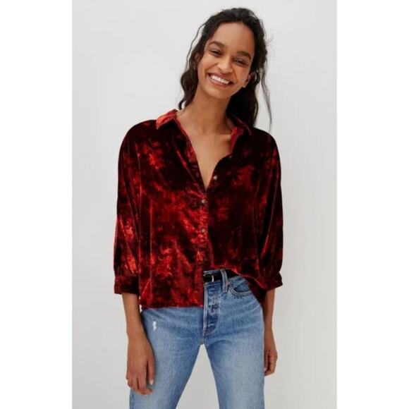 ANTHROPOLOGIE Pilcro Orsay Red Velvet Button Down Top in Holiday Red Size XS - Picture 1 of 7